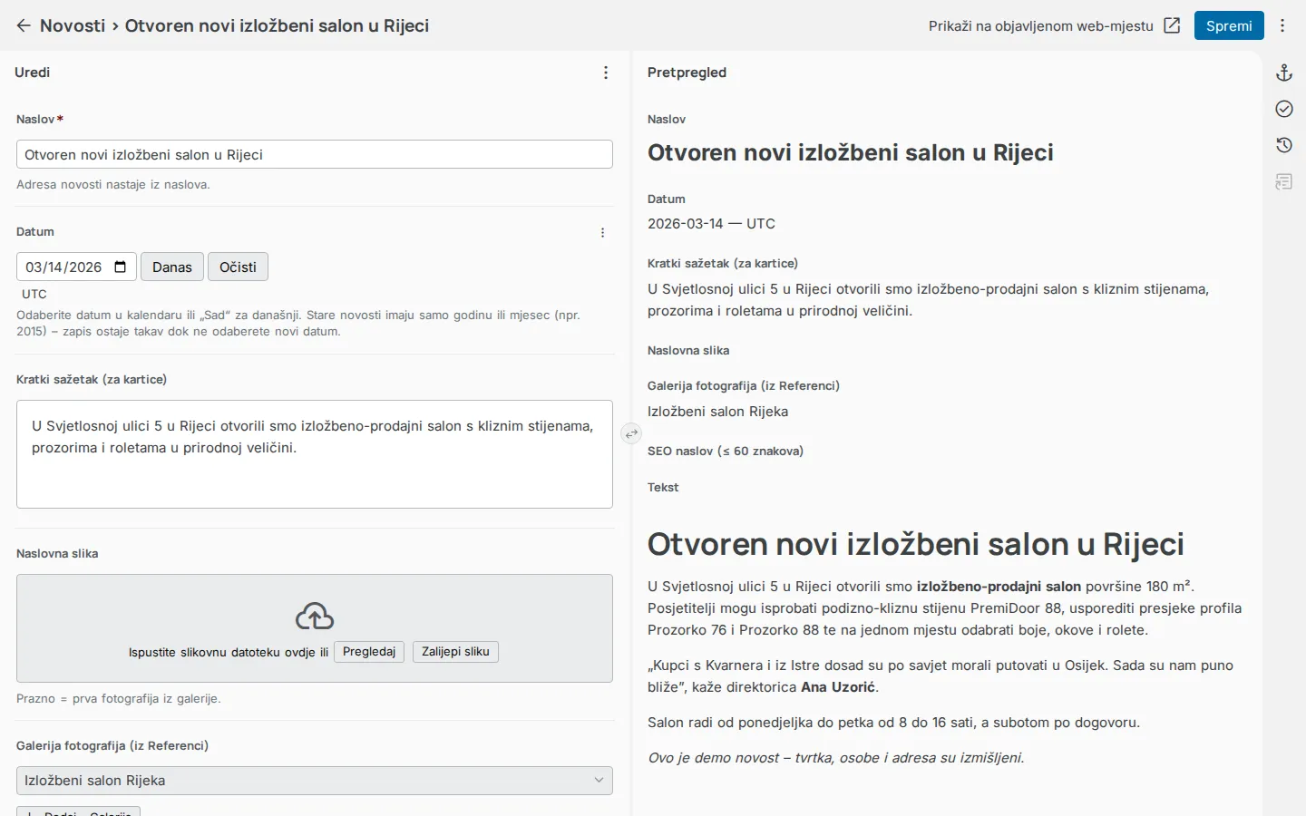 Demo CMS with news editing fields on the left and a content preview on the right